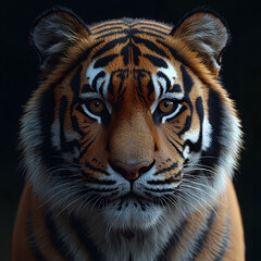 Fototapeta premium Tigers have powerful builds, bold orange fur with black stripes, and intense eyes. There is a sense of strength and grace about the tiger's face, with sharp features and a focused gaze.