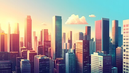 A vibrant cityscape at sunrise, showcasing a cluster of skyscrapers with modern architecture.
