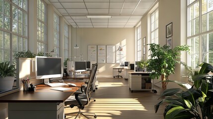 High resolution 3d render of a modern open-plan office workspace interior with ergonomic furniture, natural lighting, and contemporary minimalist design elements