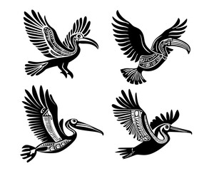 Obraz premium Collection of stylized tribal bird illustrations with patterns – black vector