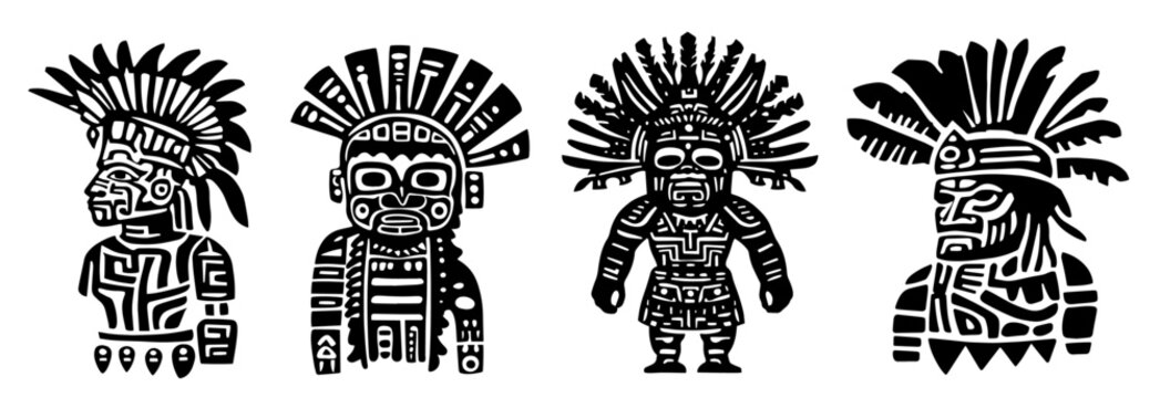 aztec inspired tribal figures in bold black vector style