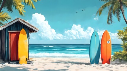 Vibrant Surfboard Beach Hut Scene with Turquoise Ocean Backdrop in Style