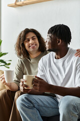 Two partners smile warmly at each other while sipping coffee in their cozy living room.