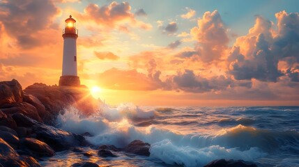 Dramatic Lighthouse on Rocky Shore with Crashing Waves and Warm Sunset Glow