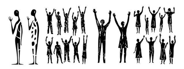 collection of abstract rain dance poses, black vector illustrations