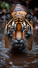 Fototapeta premium Tigers have powerful builds, bold orange fur with black stripes, and intense eyes. There is a sense of strength and grace about the tiger's face, with sharp features and a focused gaze.