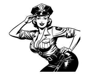 retro pin-up police officer illustration, combining elegance and fun in a unique line art style black vector