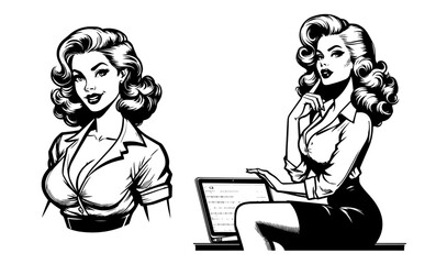 Set of retro women illustrations in vintage pin-up style – black vector