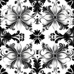 Monochrome Baroque Floral Damask Seamless Pattern with Luxurious Decorative Ornaments and Swirling