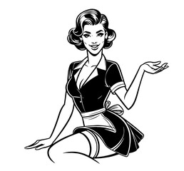 black vector of retro pin-up women dressed as maids, classic style
