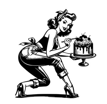 recommend clip art: Vintage housewife character in classic pin-up style black vector