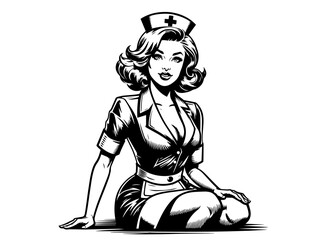 vibrant illustration of a pinup girl as a sexy nurse, perfect for playful and cheeky designs black vector