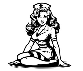 captivating pinup nurse sketch, emphasizing retro aesthetics and feminine allure in line art style black vector