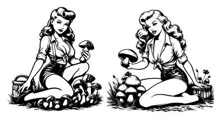 vibrant illustration of a sexy pinup girl mushroom picking, showcasing a fun and flirty design amidst a colorful woodland black vector