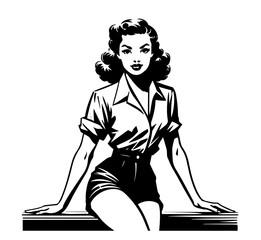 black vector of pin-up girl in 1950s high-waisted shorts and blouse