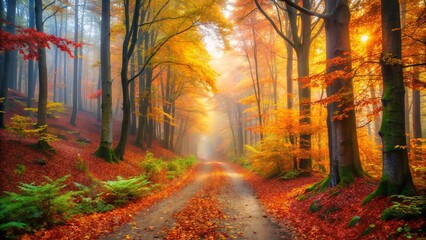 A Mystical Path Through a Golden Forest, Where Sunbeams Pierce the Fog and Leaves Carpet the Ground