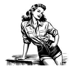 stylish pin-up girl in high-waisted shorts, vintage black vector illustration
