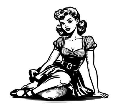 recommend clip art: Vintage housewife character in classic pin-up style black vector