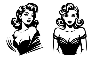 retro-inspired pin-up girl with glamorous style, perfect for vintage-themed and fashion designs black vector
