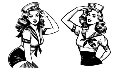 sexy pinup girl in sailor costume, illustrated in charming line art style, capturing nautical allure and playful spirit black vector