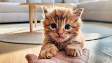 Ginger Tabby Kitten with Large Eyes in Cozy Indoor Living Room