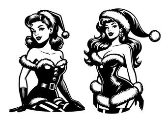 holiday pin-up girl in santa claus outfit black vector