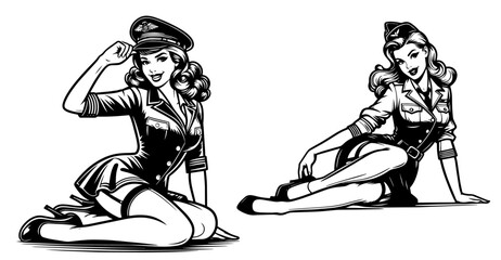 classic pin-up girl in soldier uniform, blending vintage style with military flair black vector