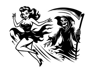 retro pin-up girl vintage comic style – black and white vector graphic 