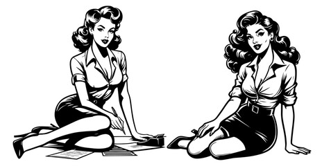 Set of retro women illustrations in vintage pin-up style – black vector