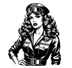 Stylized female military pin-up illustrations in monochrome vector art