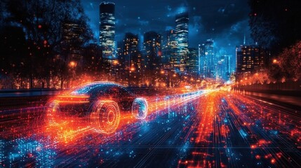A futuristic car driving through a glowing city at night