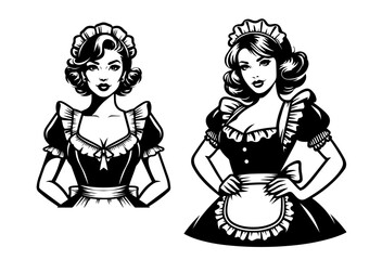 retro pin-up maid characters in classic uniforms – black vector illustration