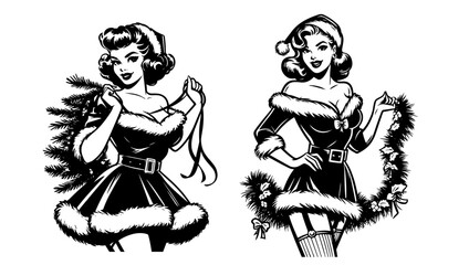 classic pin-up christmas girl in santa outfit black vector