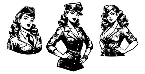 stylish pin-up girl in army gear, bringing together glamour and strength in classic pin-up black vector
