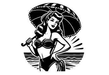 Retro beach pin-up women  – classic swimwear black vector