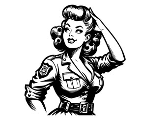 Pin-up inspired female soldiers with military attire in black vector