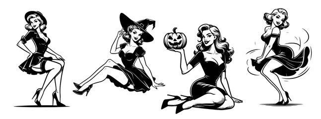 Set of retro pin-up Halloween girls in playful poses – black vector