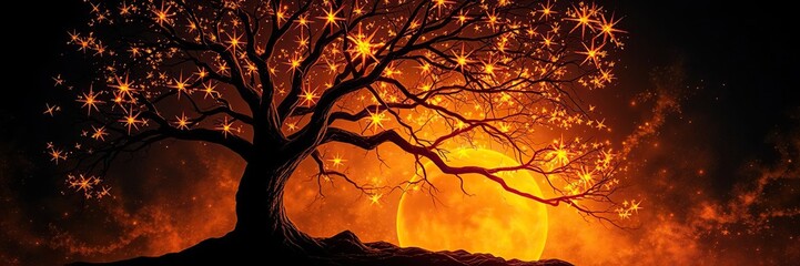 A golden tree with intricate roots glowing on a dark background, background, glowing, abstract