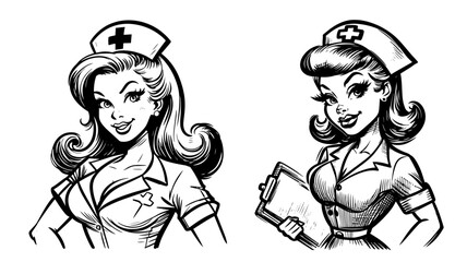 Pin-up style nurses with medical hats and clipboard in monochrome vector