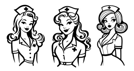 alluring pinup girl in nurse uniform, blending beauty and profession in a stylish design black vector