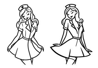 Fototapeta premium charming pin-up girl nurse line art, perfect for retro-themed designs and illustrations black vector