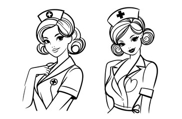 elegant pin-up nurse drawing in line art style, capturing vintage beauty with a hand-drawn touch black vector