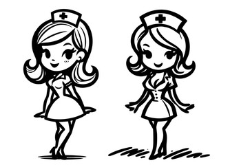 iconic line art of a pin-up nurse in cartoon style, featuring bold lines and retro vibes black vector