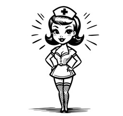 elegant pin-up nurse in vintage cartoon style, combining medical theme with playful line art design black vector