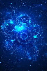 Abstract Luminous Gears On Blue Background. 3D Illustration Of Interconnected Engine Details