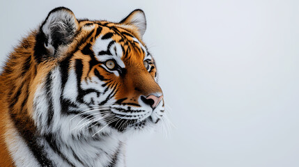 Naklejka premium Tigers have powerful builds, bold orange fur with black stripes, and intense eyes. There is a sense of strength and grace about the tiger's face, with sharp features and a focused gaze.
