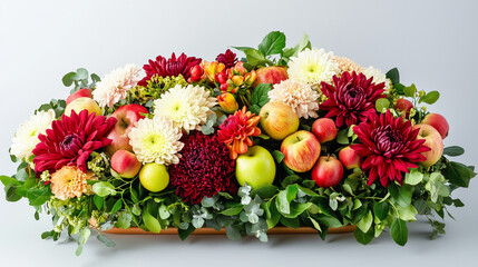 Obraz premium floral arrangement of flowers and apples, a lot of greenery, chrysanthemums, apples