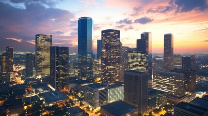 Obraz premium Urban Skyline at Dusk with Vibrant Sunset Colors