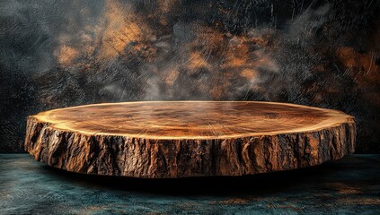 Empty, beautiful, round wooden tabletop counter on a clean and bright background, ready for display. 