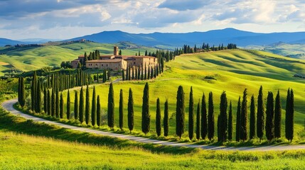 Obraz premium Serene Tuscan Landscape with Cypress Trees and Hills